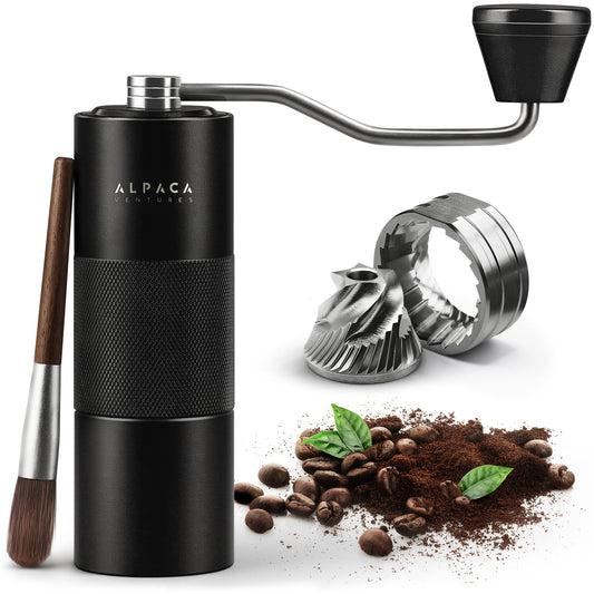 Manual Coffee Grinder by Alpaca Ventures - Stainless Steel Conical Burr Coffee Grinder Manual with Adjustable Setting Double Bearing Hand Espresso Grinder Perfect for Home, Office and Camping