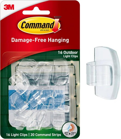 Command Outdoor Light Clips - Water-Resistant Adhesive | 16 Clips & 20 Strips - Clear (17017CLR-AWES)