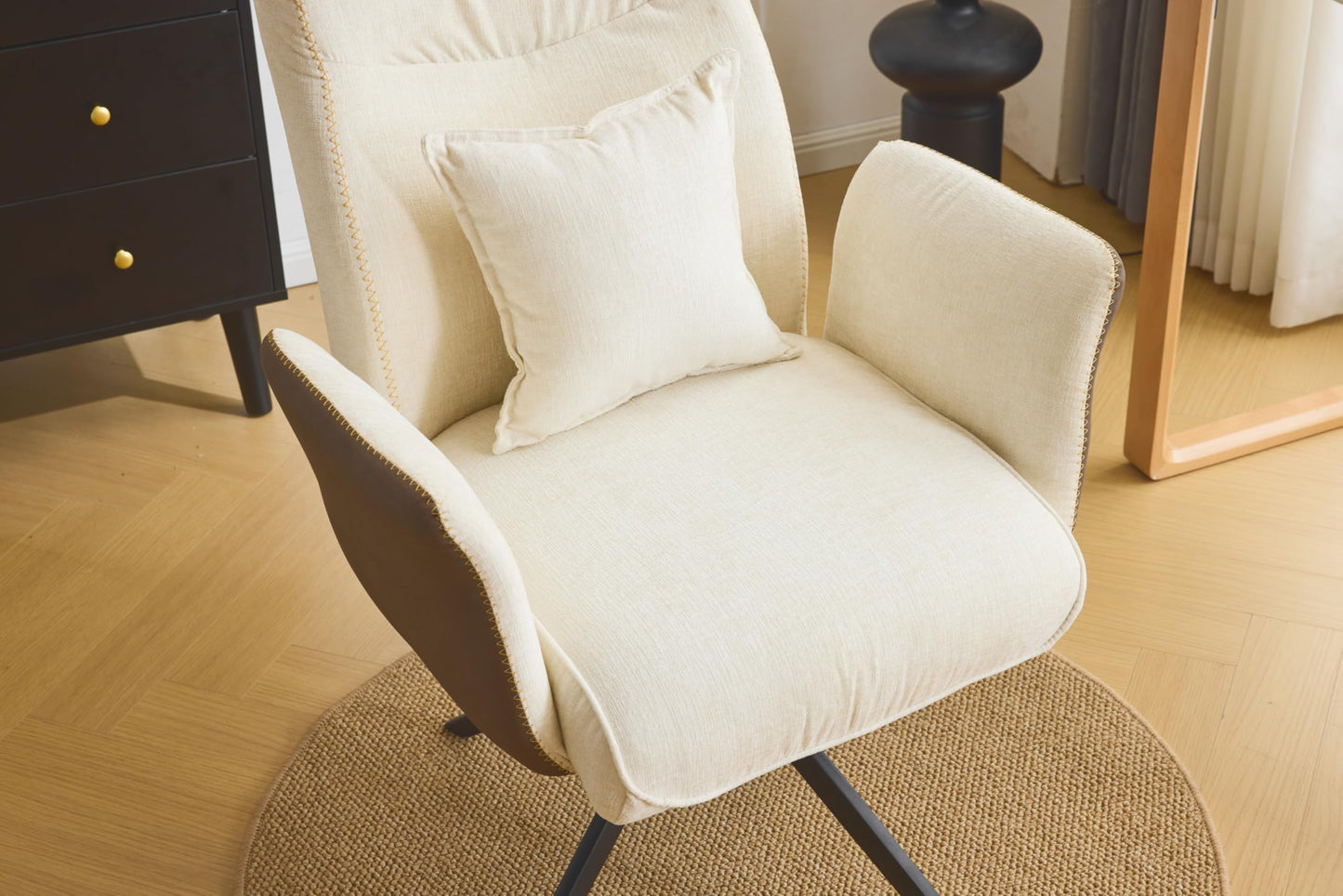 VINGLI Beige Chenille Office Desk Chair No Wheels,Comfy Modern Swivel Padded Arm Chair with Back&Lumbar Pillow,for Home,Makeup Vanity,Computer,Task,Nail Tech,Sewing,Dining,Bedroom,Living Room