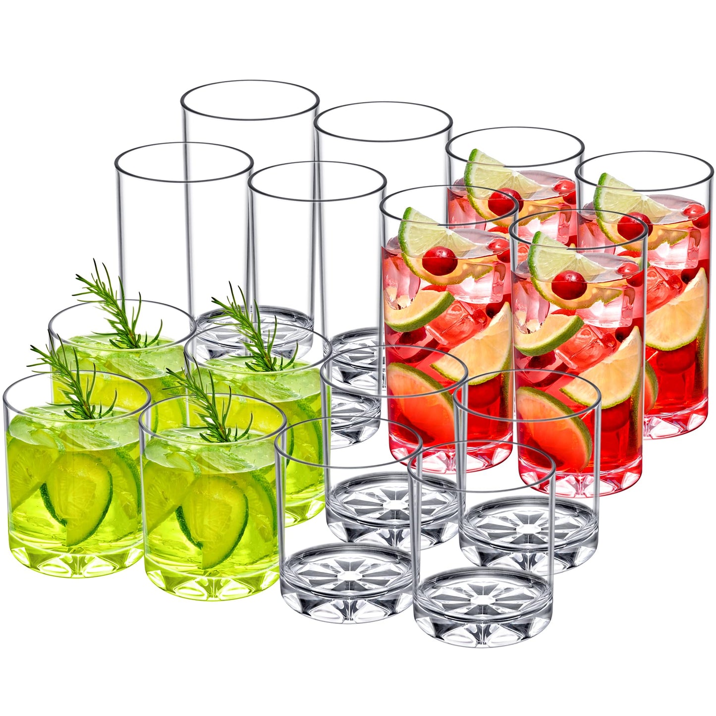 Amazing Abby - Liberty - 12-Ounce and 16-Ounce Plastic Tumblers (Set of 16), Plastic Drinking Glasses, All-Clear Reusable Plastic Cups, BPA-Free, Shatter-Proof, Dishwasher-Safe