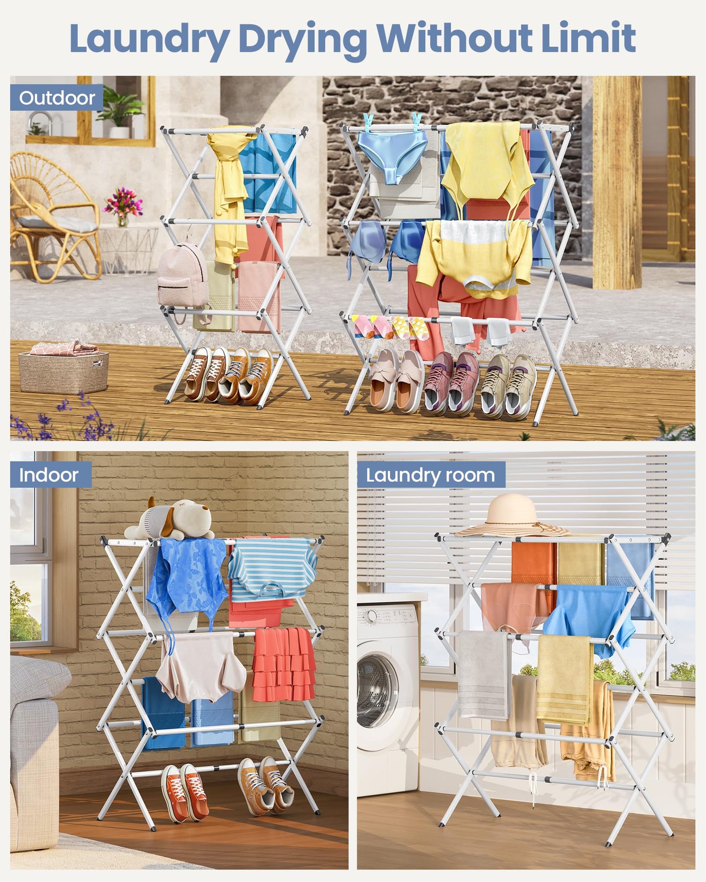 APEXCHASER Clothes Drying Rack Folding - 3 Tier Laundry Drying Rack for Clothes, Expandable Metal Clothing Dryer, Collapsible Towel Rack, Air Drying Rack, White