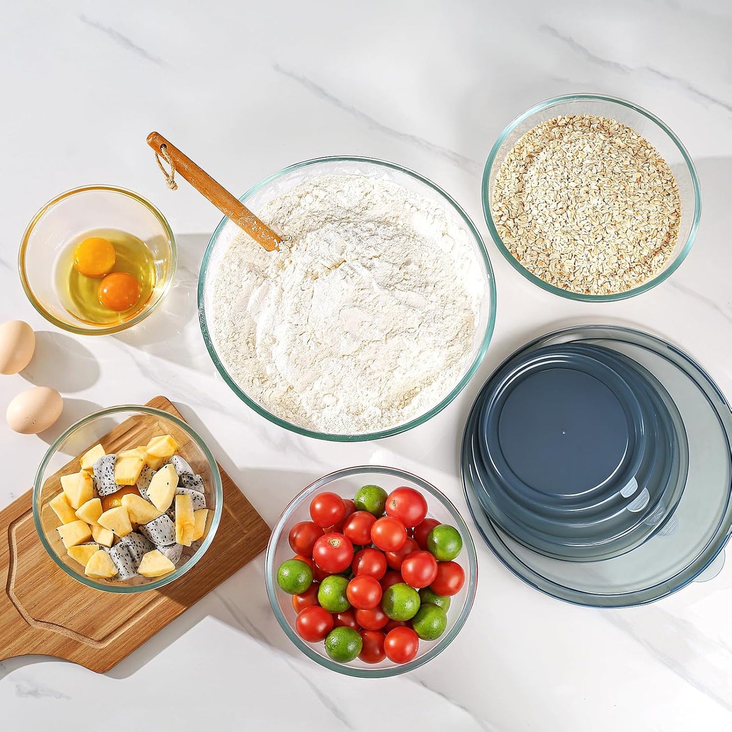 Skiennix Glass Mixing Bowls Set of 5 - Thick Nesting Bowls with Lids for Baking & Storage | Dishwasher & Microwave Safe
