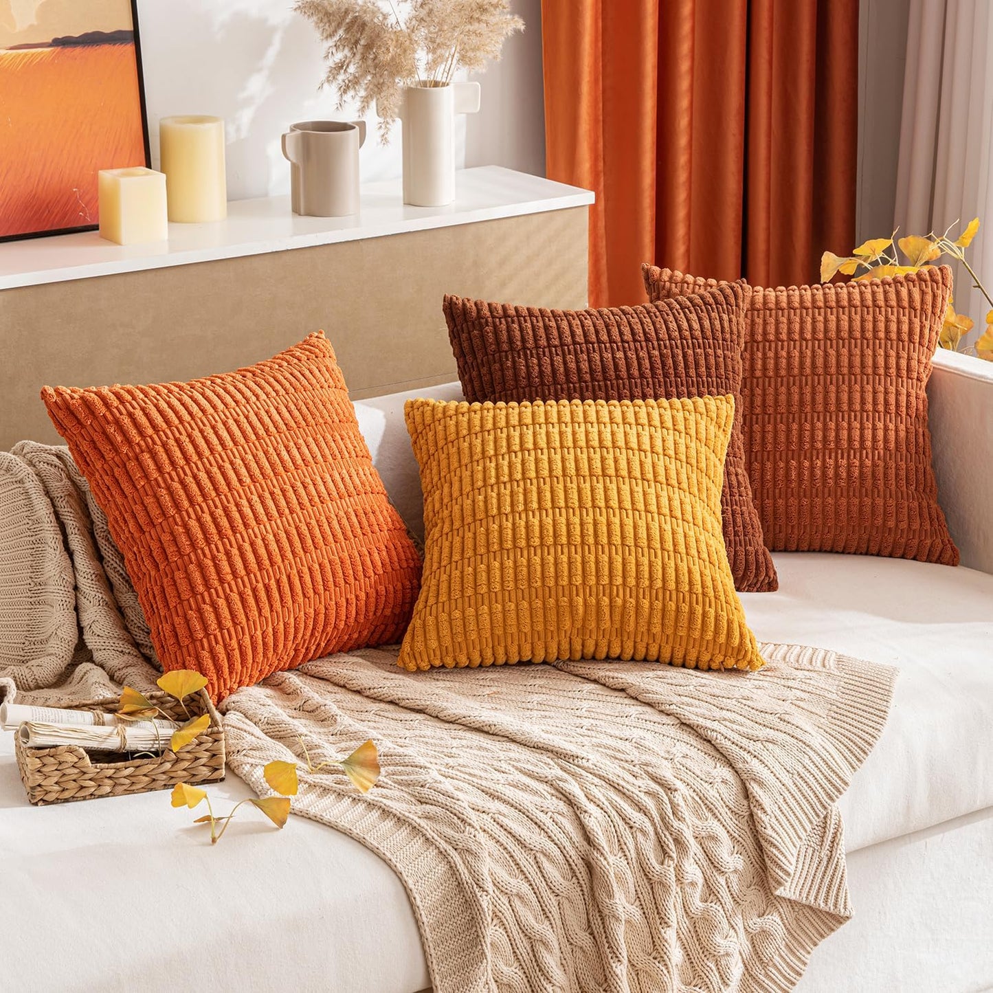 MIULEE Burnt Orange Corduroy Pillow Covers - Soft Boho Striped Design | 18x18 Inch for Modern Farmhouse Decor