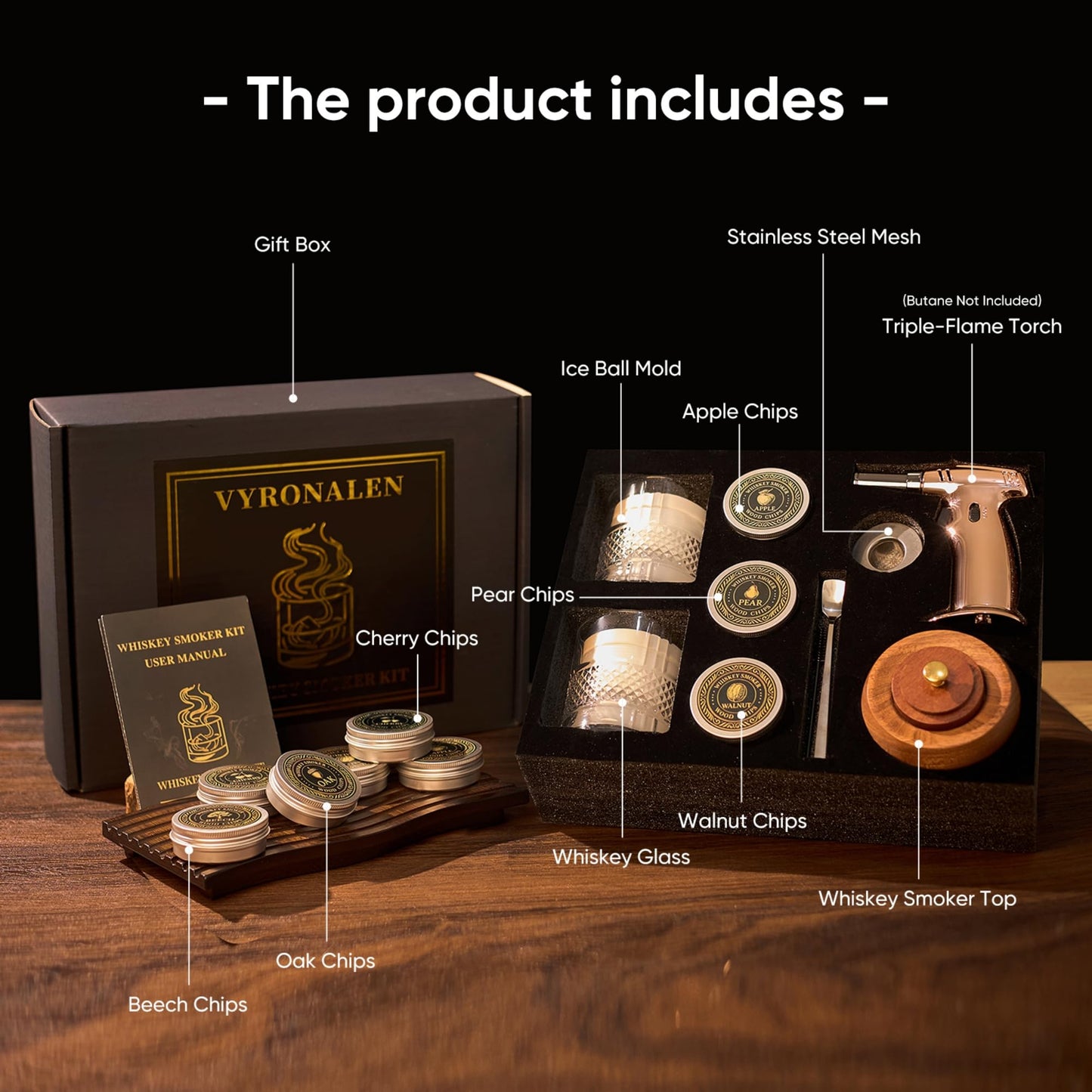 VYRONALEN Whiskey Smoker Kit with Torch, 6 Wood Chip Flavors, 2 Heavy Whiskey Glasses, 2 Ice Ball Molds, Cocktail Smoker Kit for Old Fashioned, Bourbon & Drinks, Gift Set for Men, Father (No Butane)