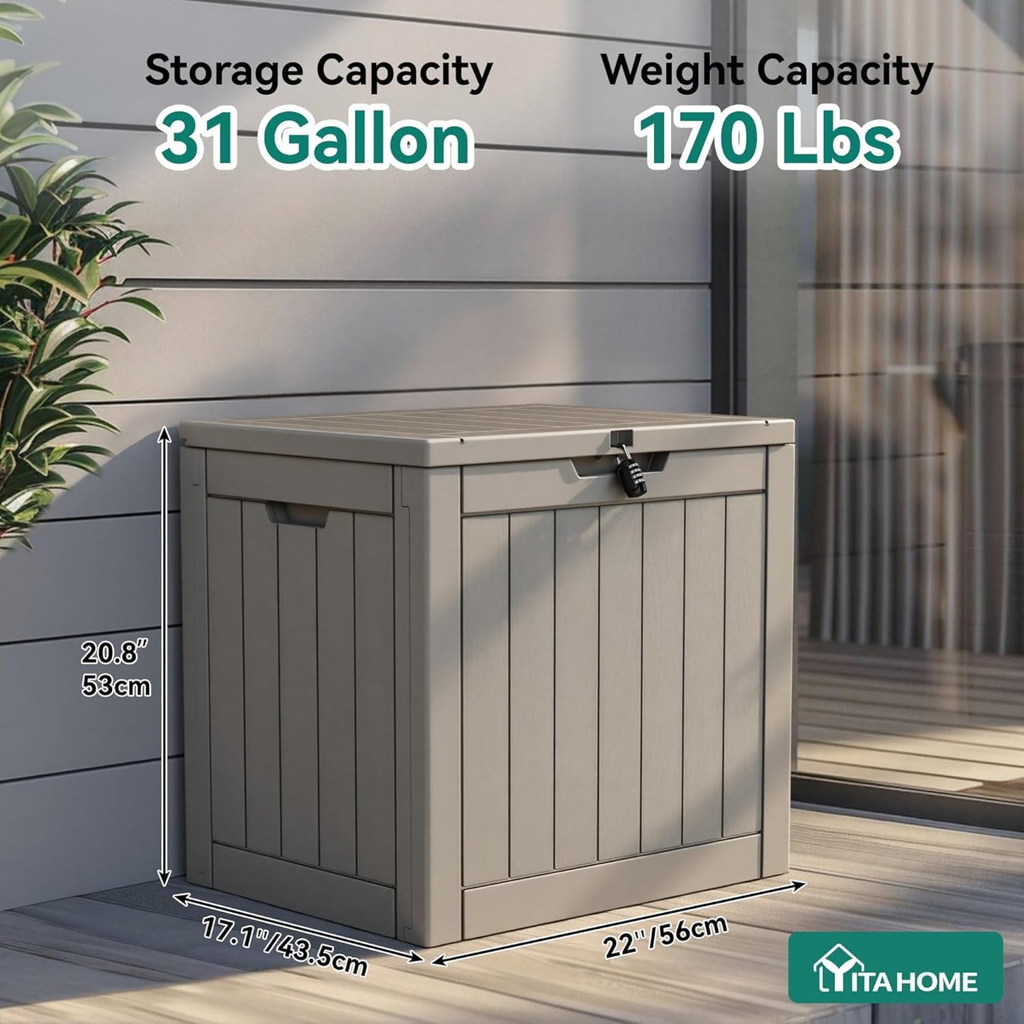 YITAHOME Outdoor Storage Deck Box - 31 Gallon Waterproof Resin with Lockable Lid | Taupe for Patio & Garden