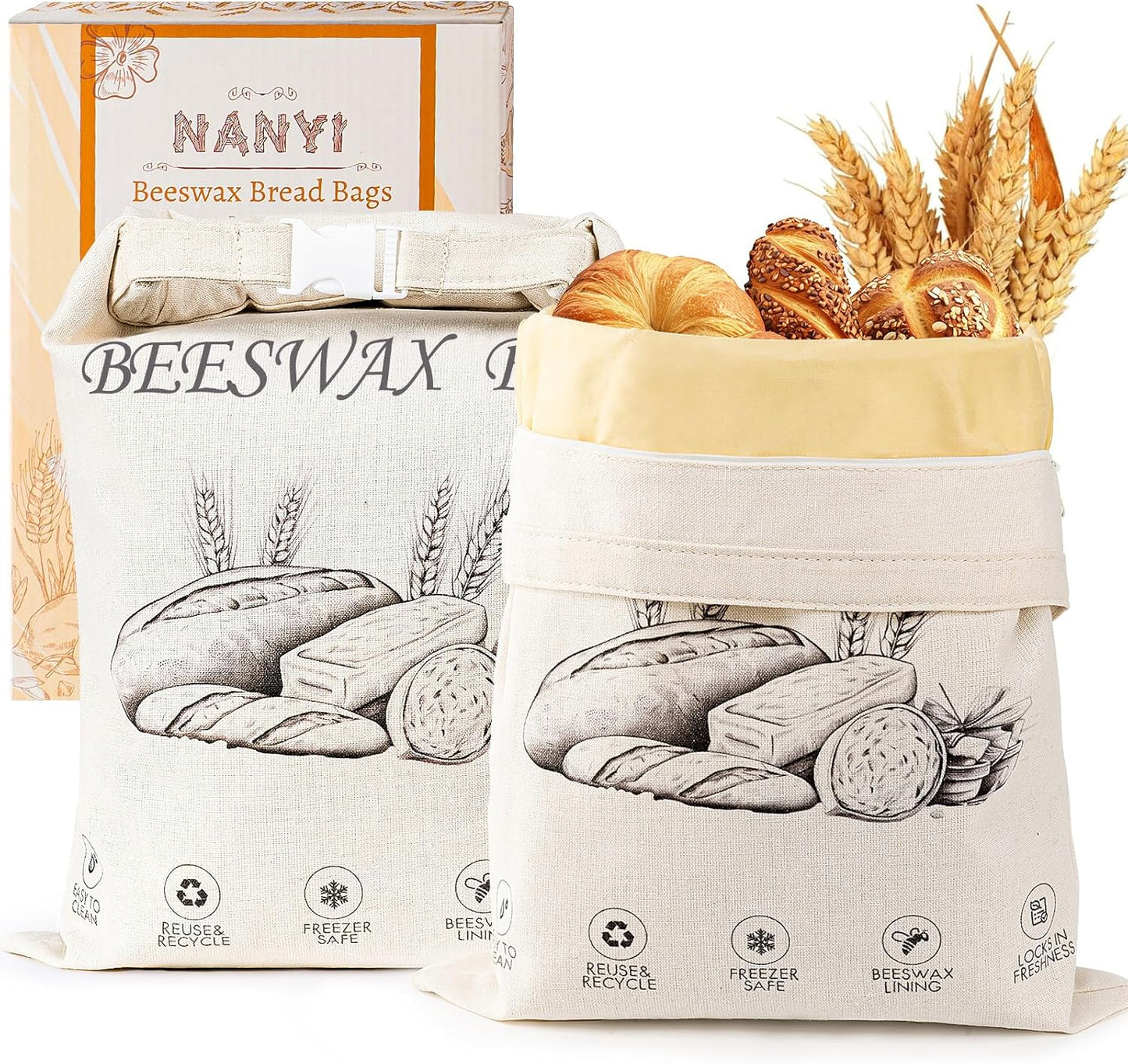 Skiennix Reusable Beeswax Bread Bags - 2-Pack Cotton Waxed Bags Keep Sourdough Fresh Longer (Ivory)