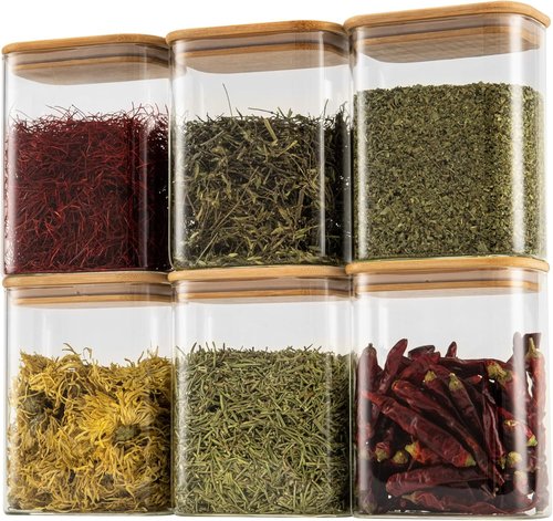 D2scrma Airtight Glass Storage Containers - 37oz Rectangle Set of 6 with Bamboo Lids | Ideal for Cereal, Nuts, Snacks & Coffee Beans