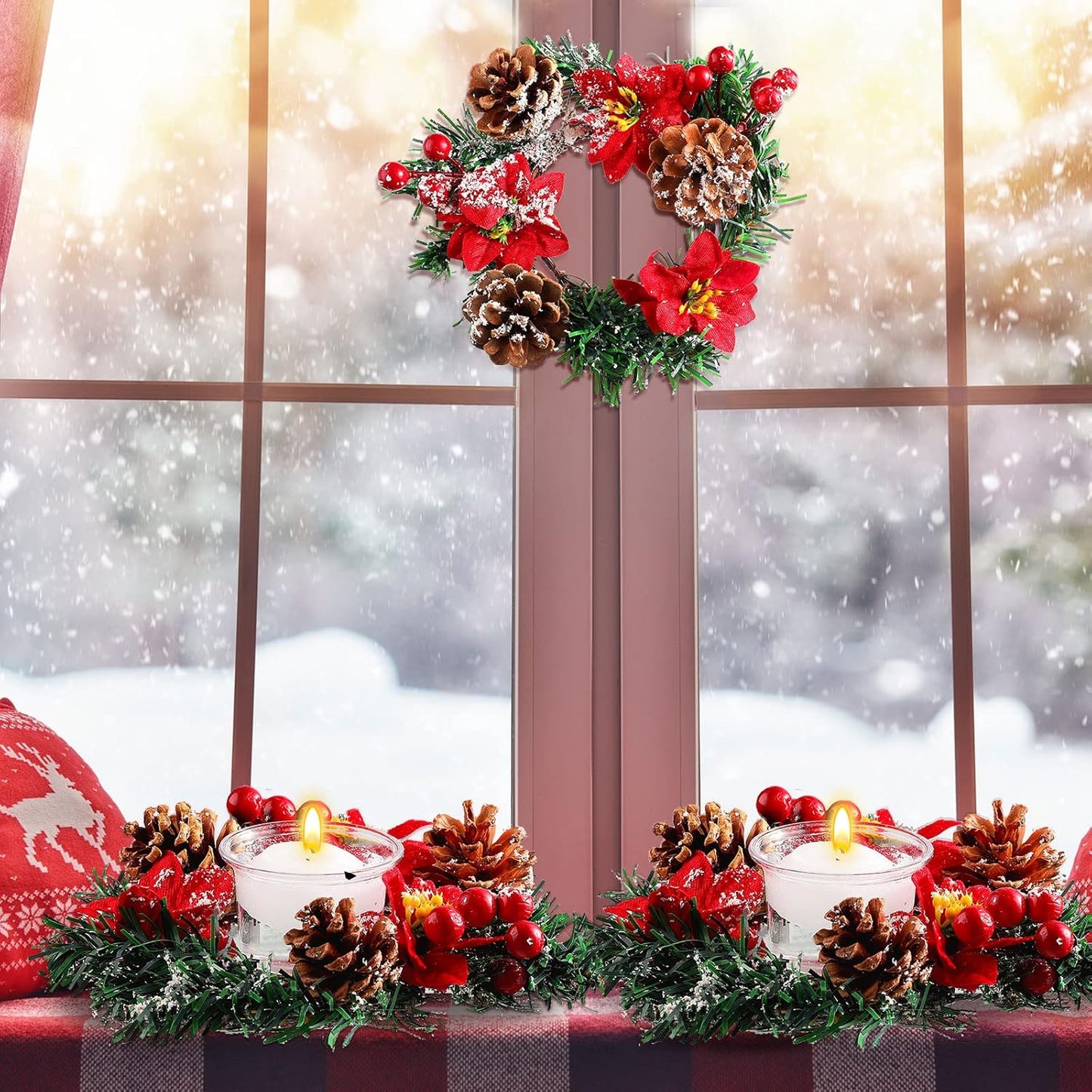 Regine Switzerland 8-Pack Christmas Poinsettia Candle Rings - Tealight Holders & Centerpiece Decor