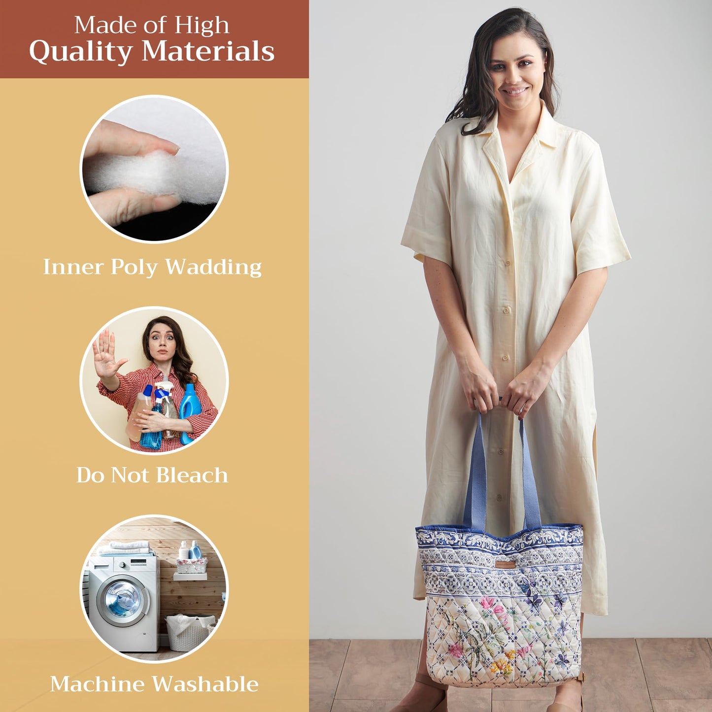 Maison d' Hermine Shopping Bags Cotton Quilted Tote Bag with Zipper Pockets & Small Pouch Reusable Shoulder Grocery Bag for Gifts Beach Travel Perfect for Mothers Day Gifts Men Women (Faience)