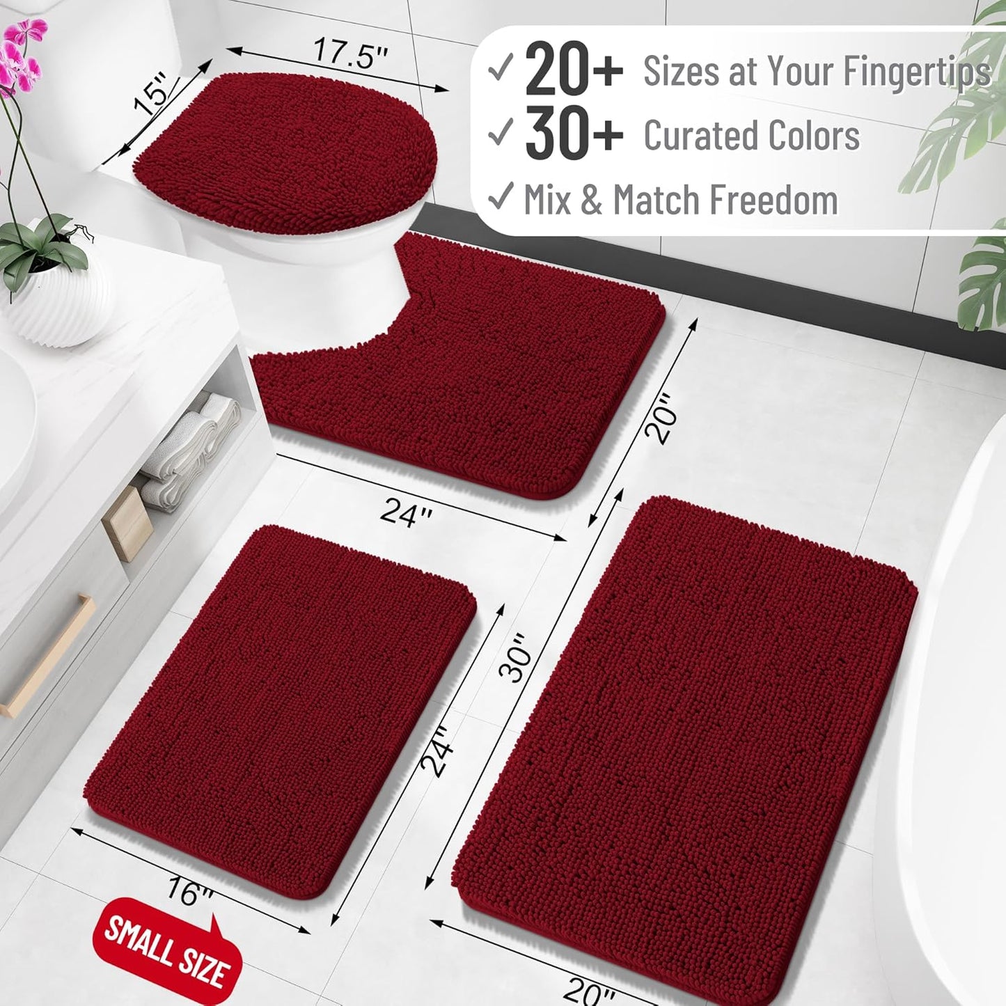 OLANLY Bathroom Rugs - Extra Soft Chenille Bath Mats with Rubber Backing | 30x20, Quick Dry, Burgundy