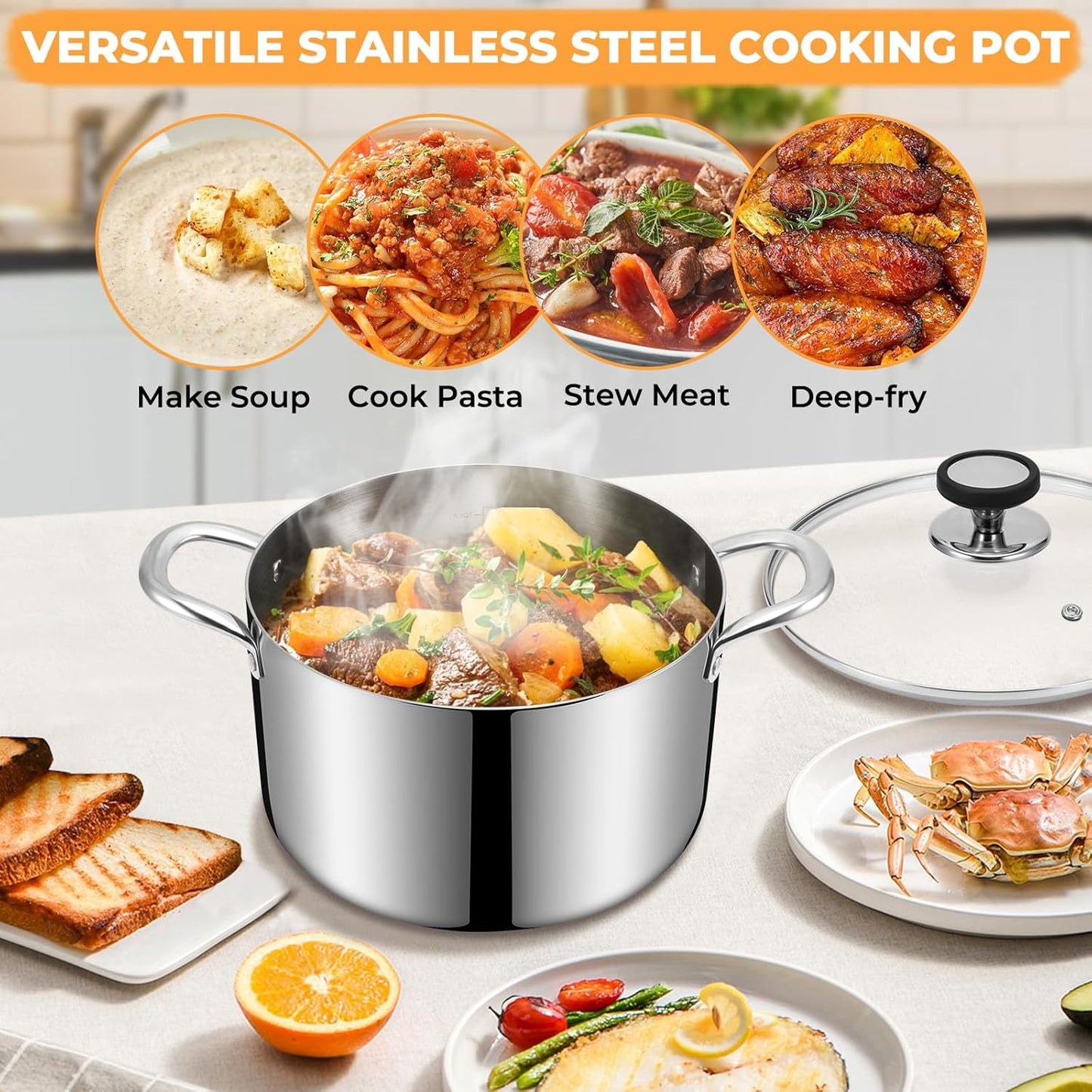 Tri-Ply Stainless Steel Stock Pot - 6.5 Quart Heavy Duty Induction Cooking Pot with Visible Lid