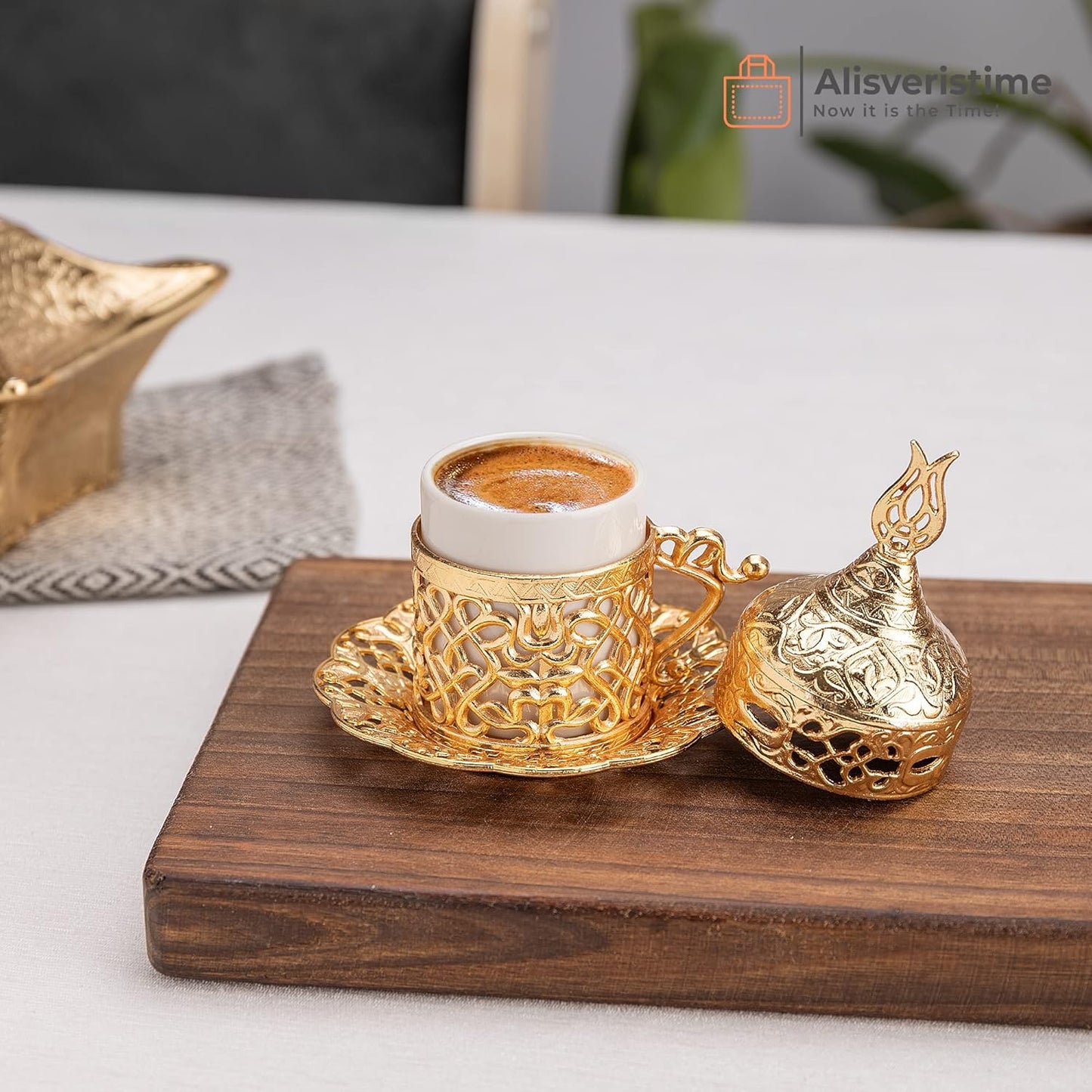 Alisveristime Turkish Coffee Set for Two - Authentic Ottoman Style Cups, Saucers, and Serving Tray with Lale Motifs (Acur) (Copper)