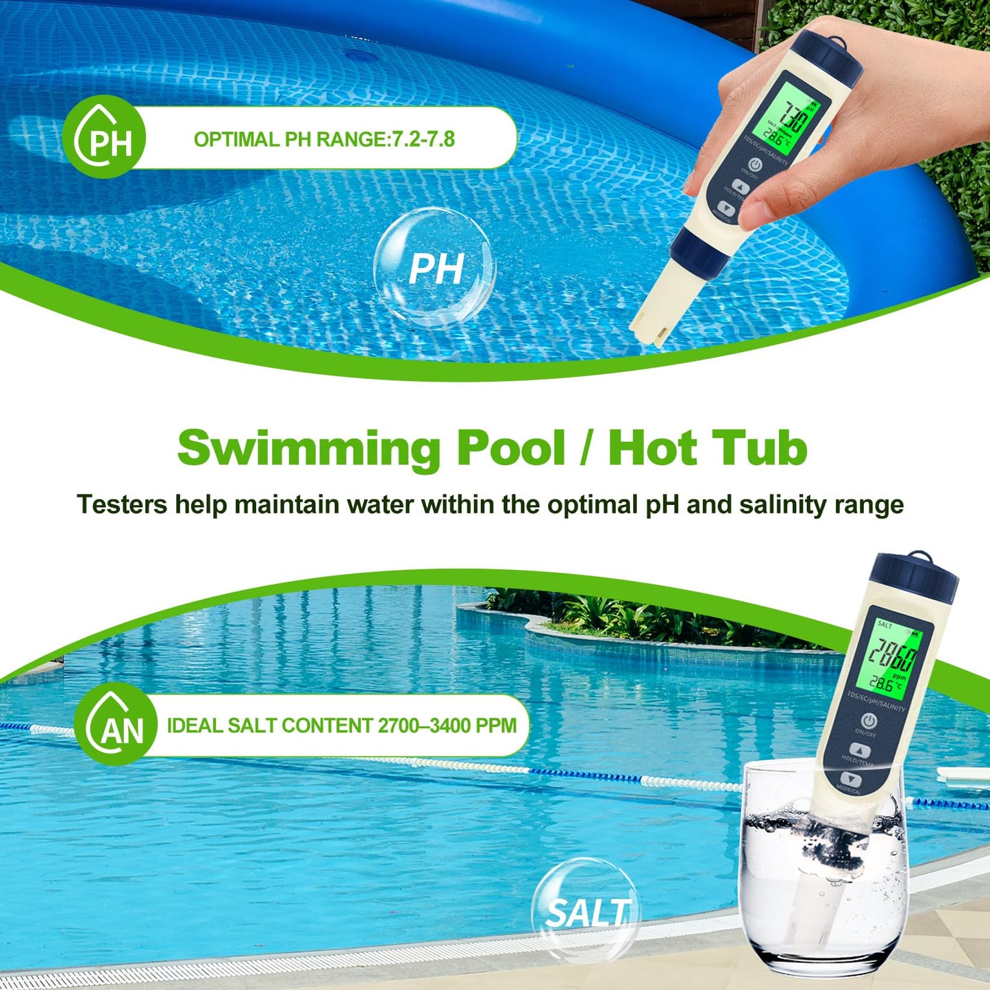 Pious PH Tester Digital, 5 in 1 PH Meter for Water/Salinity Meter/tds/ec/Thermometer, Pool Salt Tester with Constant Temperature Compensation, Suitable for Drinking Water Swimming Pools Aquariums