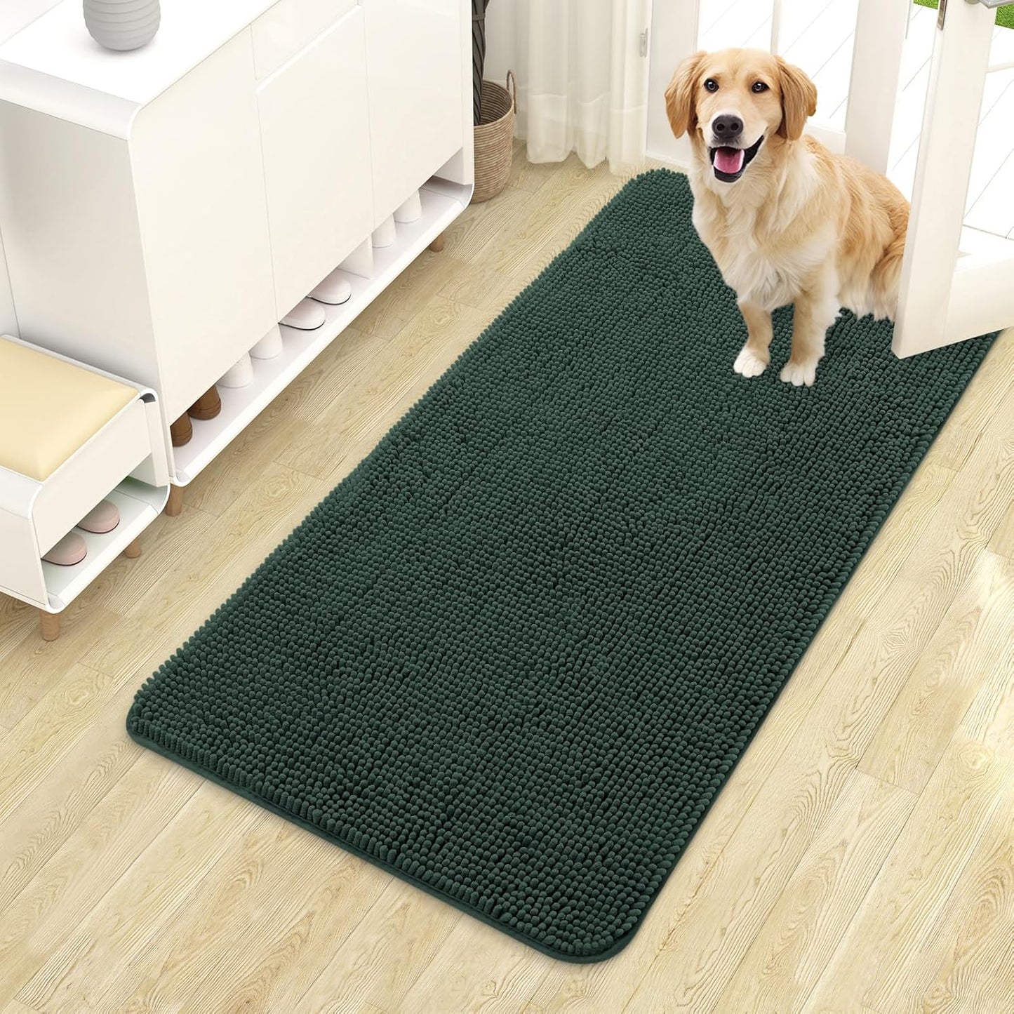 OLANLY Dog Door Mat - Absorbent Non-Slip Washable Chenille Mat for Muddy Paws | 44x24, Blackish Green