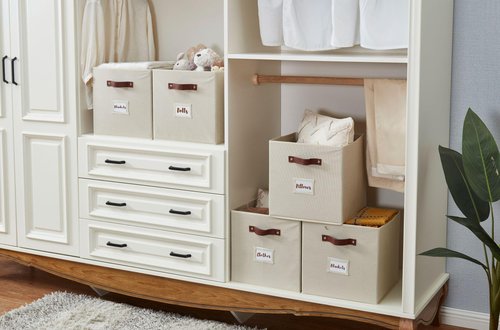 DECOMOMO Storage Cubes, 13x13x13 Storage Cube Bins with Labels, Fabric Organizer Bins (13" / 6pcs, Beige)