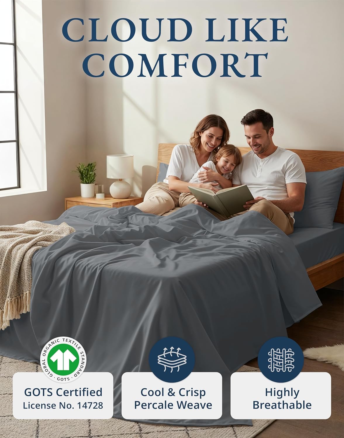 LANE LINEN Twin XL Sheets Set - 100% Organic Cotton, Crisp Percale, Fade Resistant, Charcoal