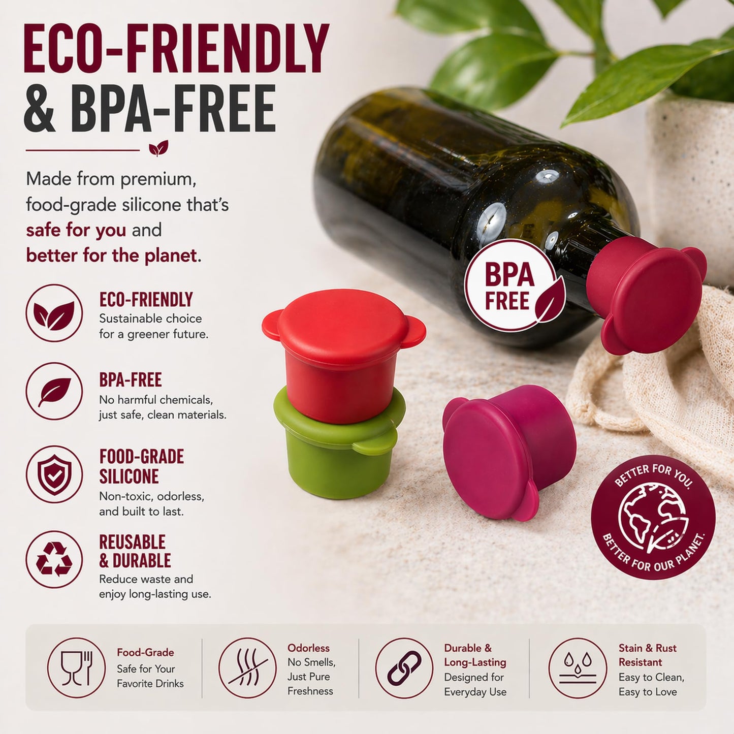 Wine Bottle Caps - Silicone Bottle Covers - Air-Tight Vacuum Seal - Wine Gifts for Women - Set of 4