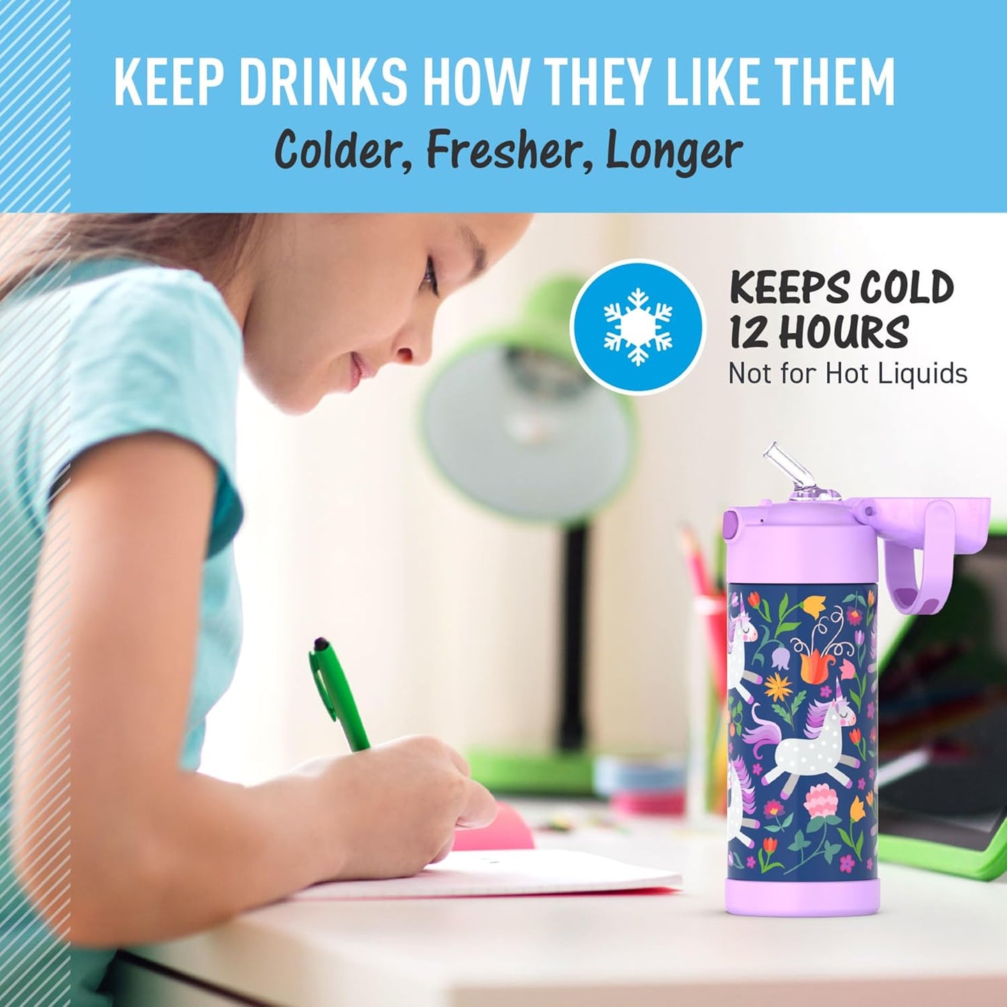 THERMOS FUNTAINER Water Bottle - 12 Ounce Kids Stainless Steel Vacuum Insulated with Straw | Unicorn Blooms