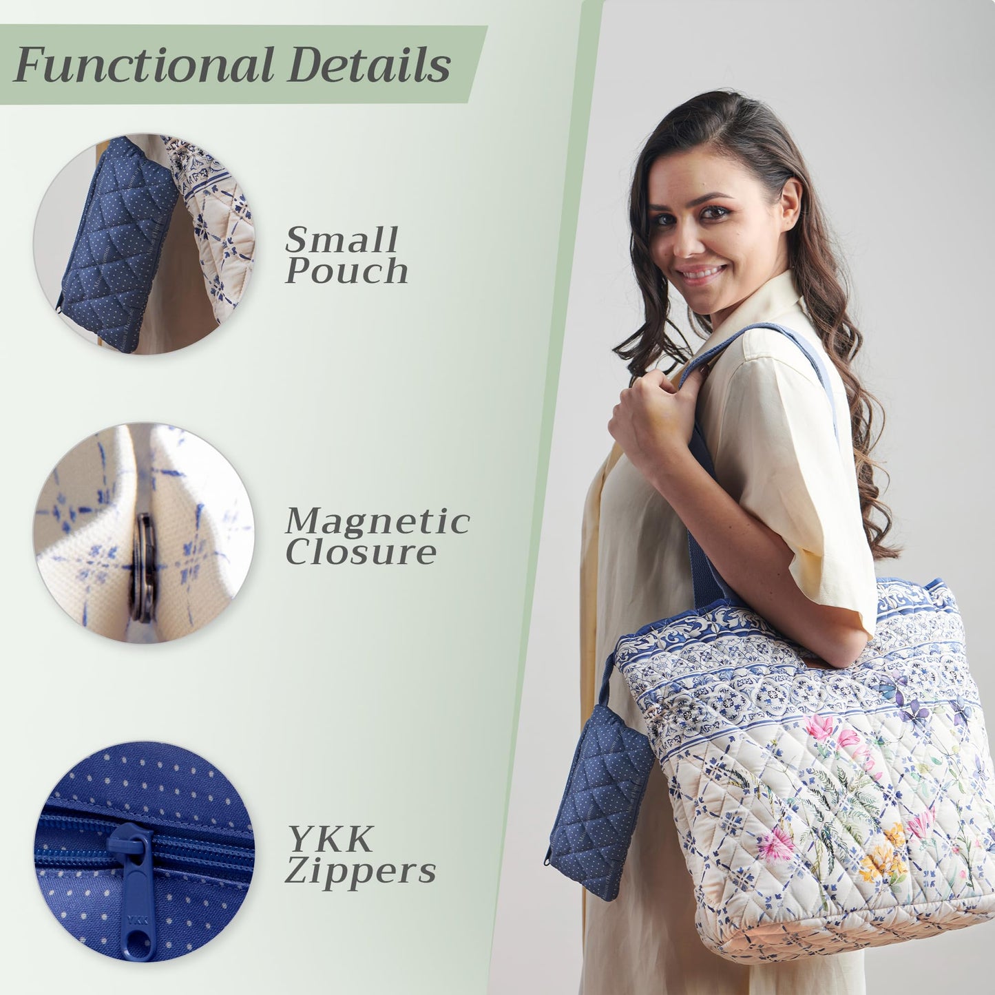 Maison d' Hermine Shopping Bags Cotton Quilted Tote Bag with Zipper Pockets & Small Pouch Reusable Shoulder Grocery Bag for Gifts Beach Travel Perfect for Mothers Day Gifts Men Women (Faience)
