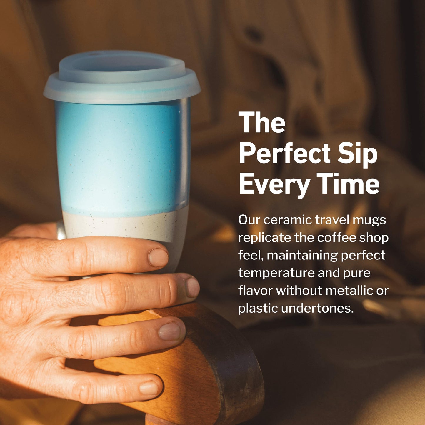 NOVA CERAMICS Travel Mug - Ceramic Coffee Mug With Lid – Microwave & Dishwasher Safe Coffee White & Grey Tumbler - Fits In Cup Holder – 12oz – Coastal Drift