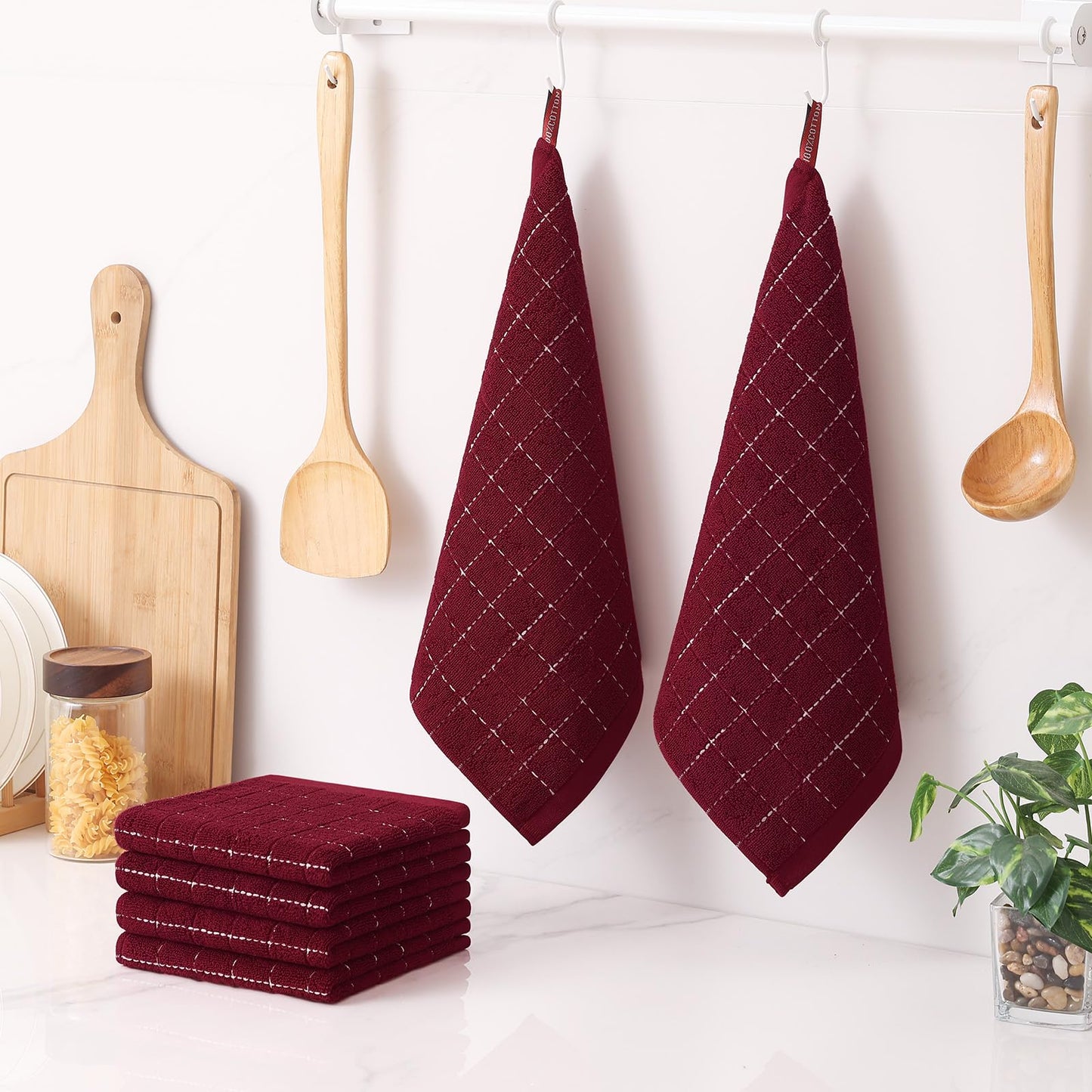 Homaxy 100% Cotton Terry Kitchen Dish Cloths, Ultra Soft and Absorbent Dish Towels for Kitchen, Suitable for Drying and Washing Dishes, 6 Pack, 12 x 12 Inches, Burgundy Red