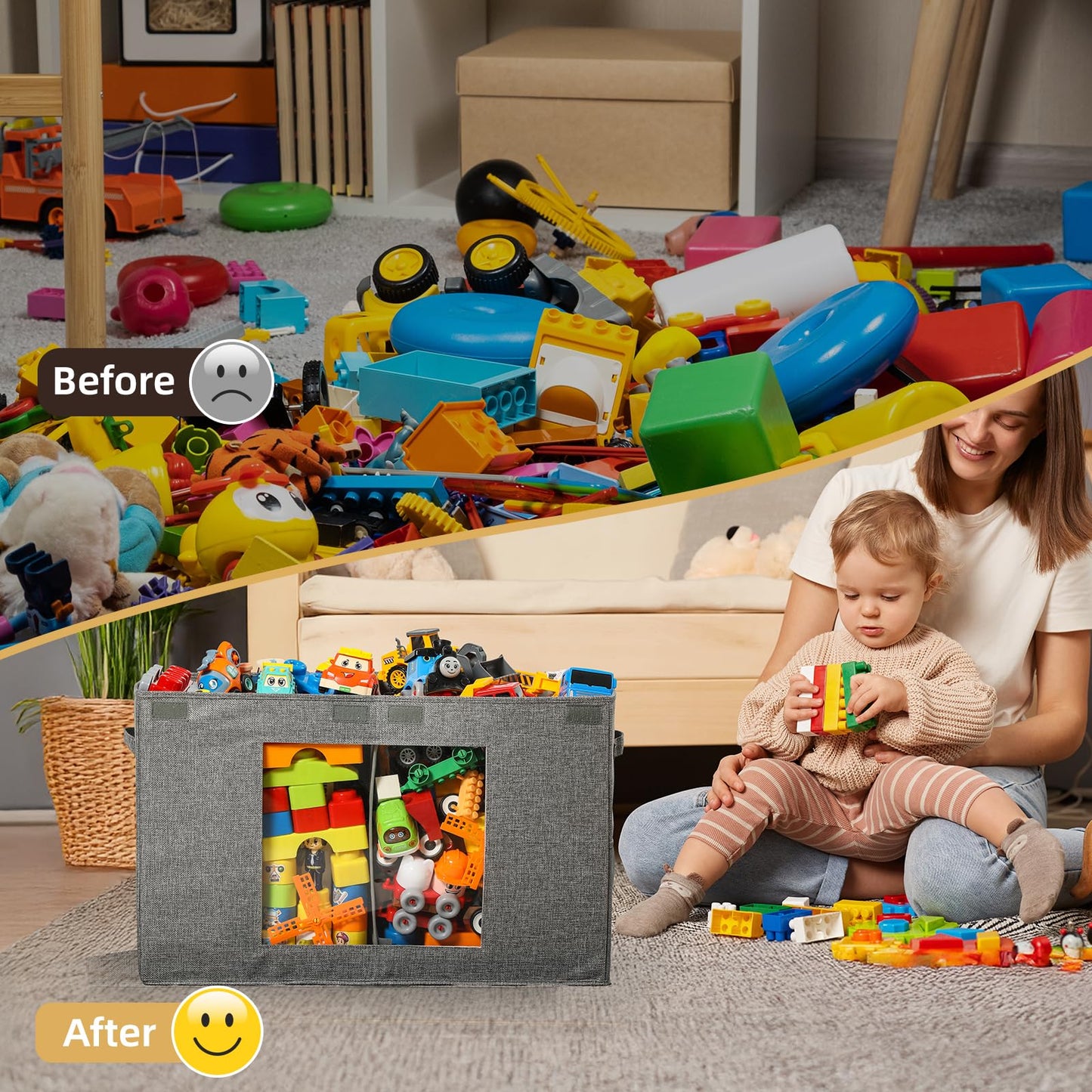 NETANY Clear Window Toy Box & Toy Chest with Lid - Large Toy Storage Organizer, CollapsibleToy Bin with Mesh Pockets for Boys, Girls, Playroom,Living Room Area Organization 25"x13" x16" (Linen Gray)