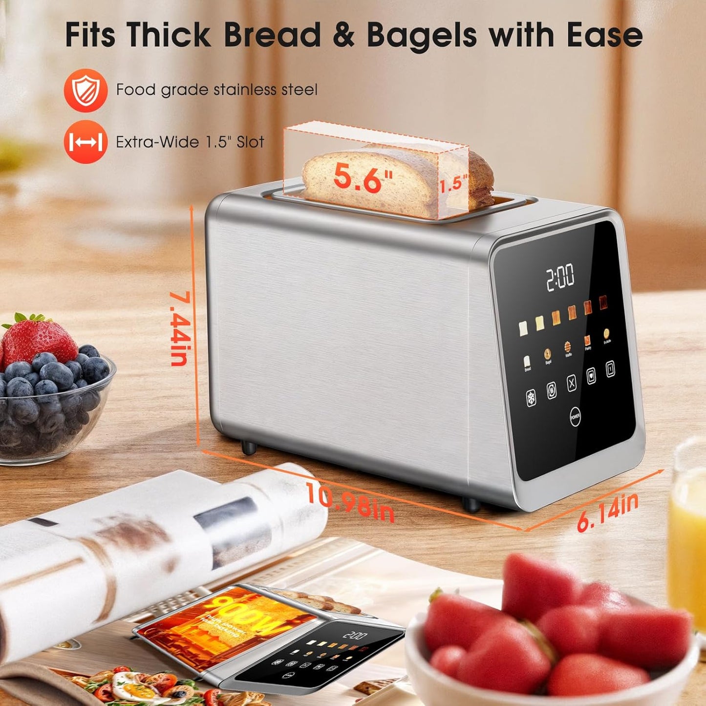 Smart Digital Touchscreen 2-Slice Toaster by [Brand Name] - Stainless Steel with Extra-Wide 1.5" Slots for Bagels & Artisan Bread | 900W Fast, Even Toasting