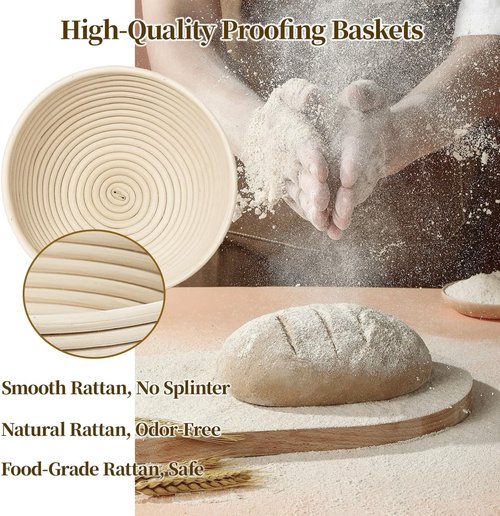Banneton Bread Proofing Basket Set - 9-Inch Round Natural Rattan with 4 Linen Liners | Ideal for Sourdough Baking