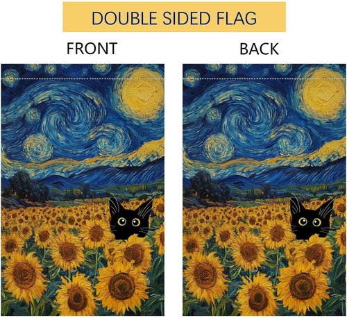 BLKWHT Cat Garden Flag - Summer Sunflower Design, Double-Sided, 12x18 Inches | Blue Sky Welcome Decor