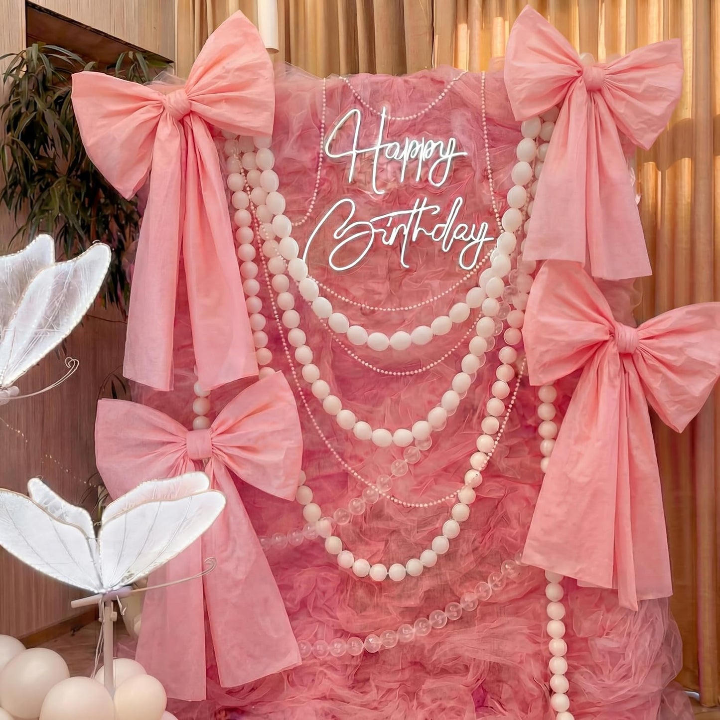 Pink Bow Birthday Decorations Set - 4 DIY Giant Wall Bows & 100 Link Balloons for Cute Party Decor