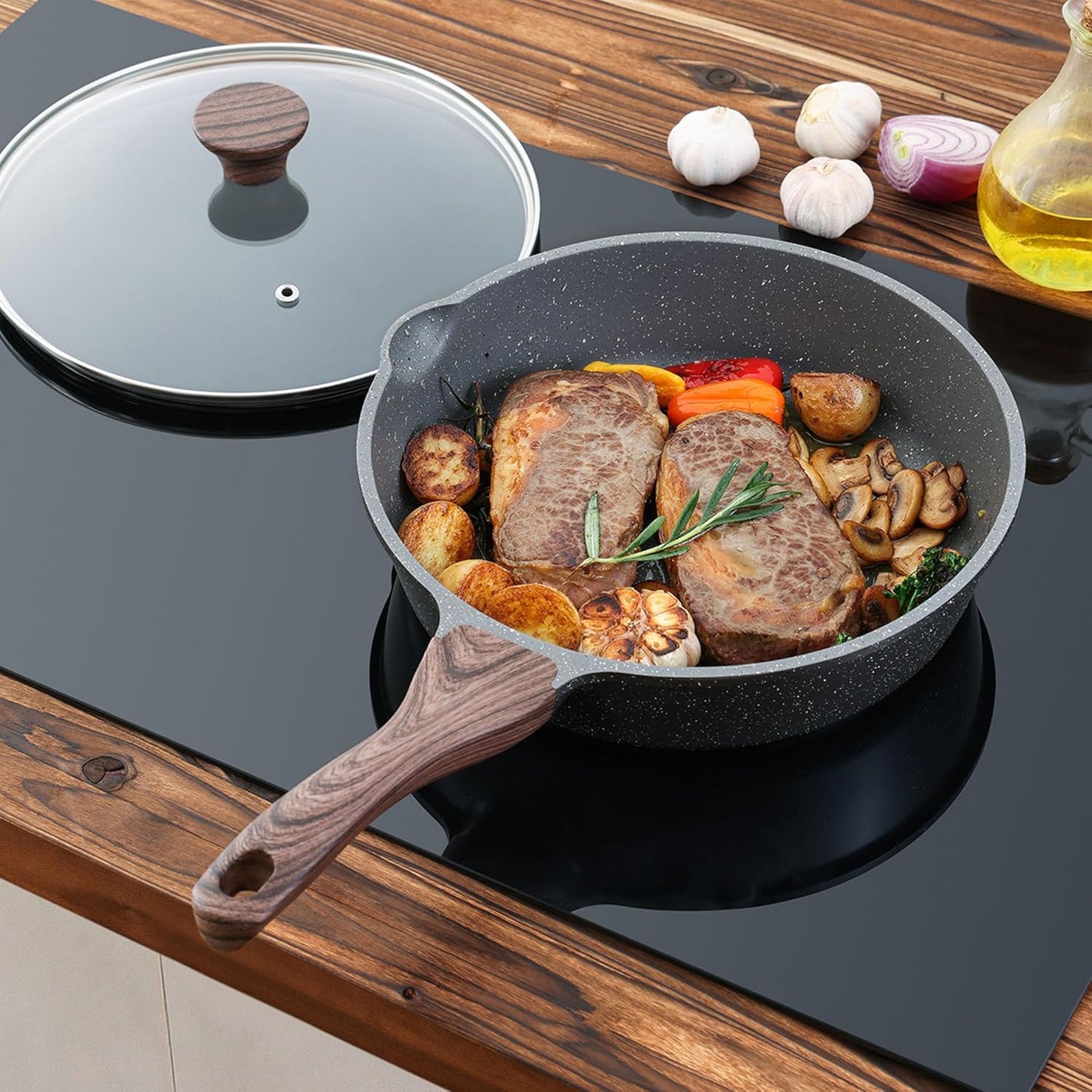 SENSARTE Nonstick Skillet - Deep Frying Pan with Lid & Stay-Cool Handle | 10-Inch Stone Cookware, Induction Compatible