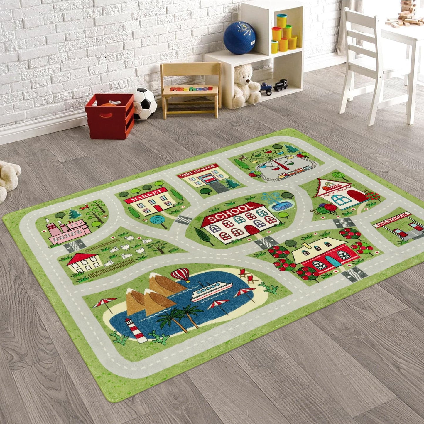 LIVEBOX Green Washable Playroom Rug, 4'x6' Non-Slip Soft Car Rug for Boys Room, Baby Nursery, Kids Floor Mats for Boys Girls Dorm Toy Room Tent