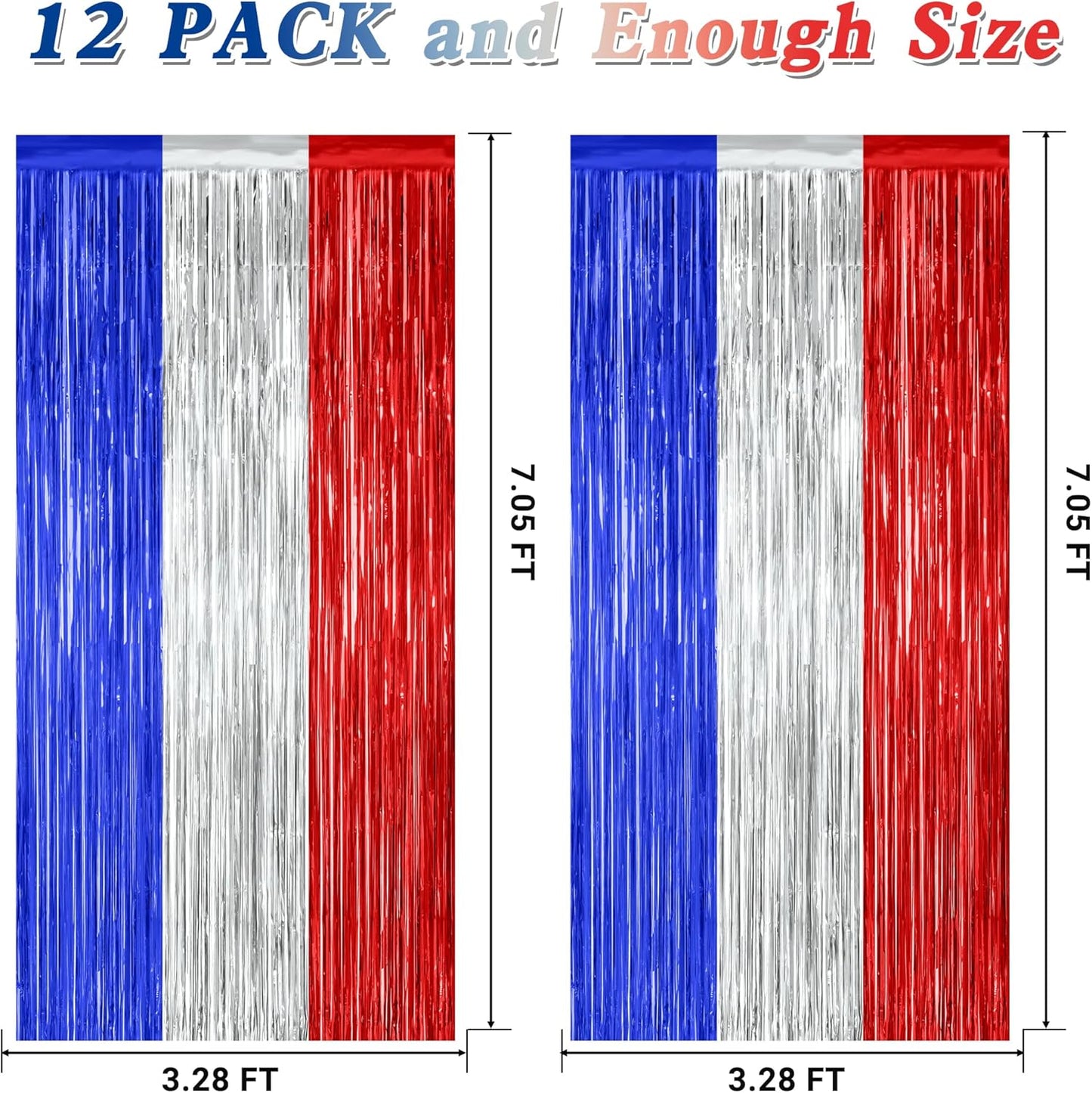 Patriotic Tinsel Backdrop by [Brand Name] - 12 Pack Metallic Blue, Silver & Red Fringe Curtains | 3.28 FT x 7.05 FT Independence Day Party Decorations