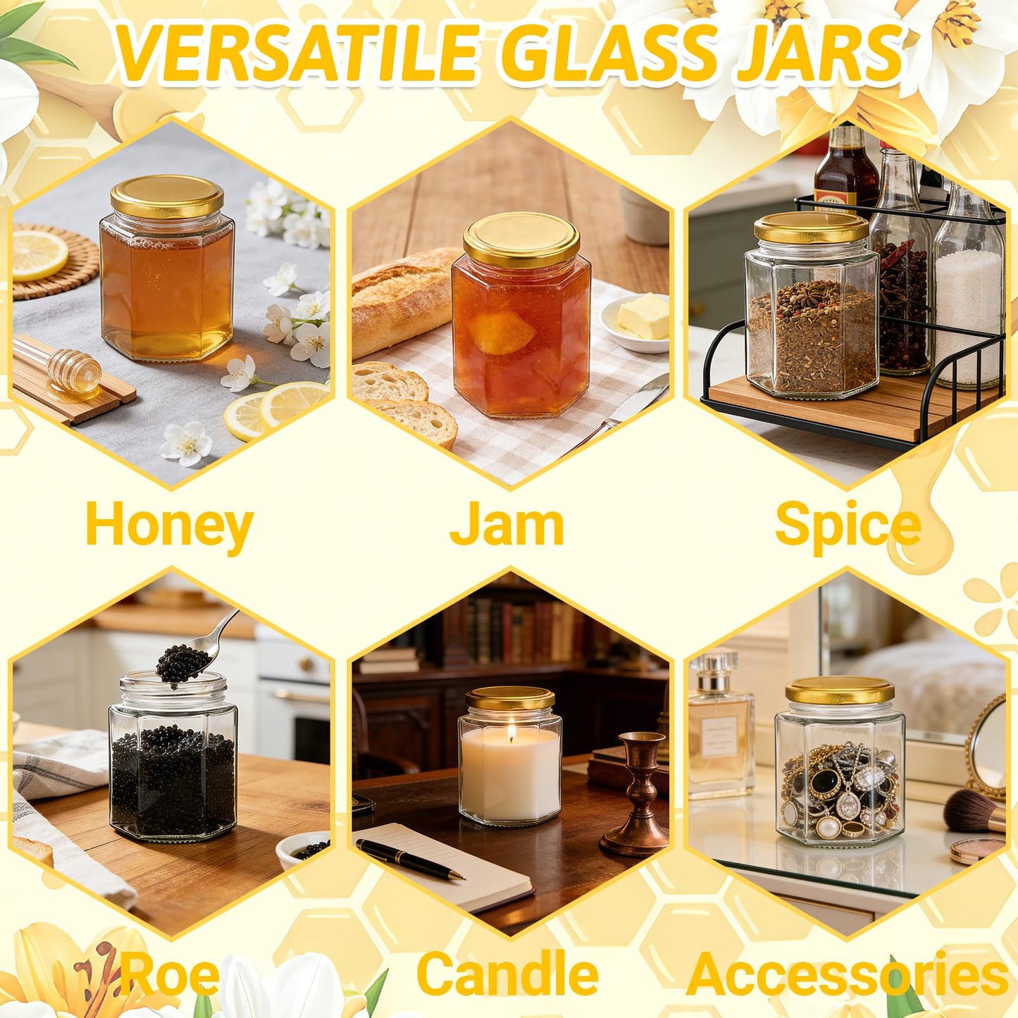 Haneye 3 oz Hexagon Glass Jars with Gold Lids, 30 Pack Honey Jars Canning Jars Small Spice Jars for Jelly, Herb, Jams, Candy, Wedding Favors, Includes Labels and Pen