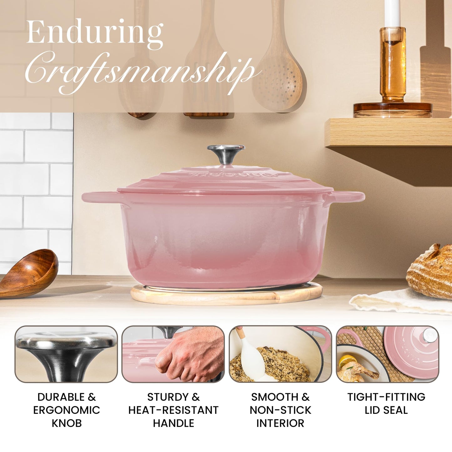 Nuovva Enamelled Cast Iron Dutch Oven Pot with Lid 6.4 Quart Non Stick Casserole Pot – Heavy Duty & Oven Safe up to 500° F for Bread Baking, Braising, Stews, Roasting – 28cm Pink