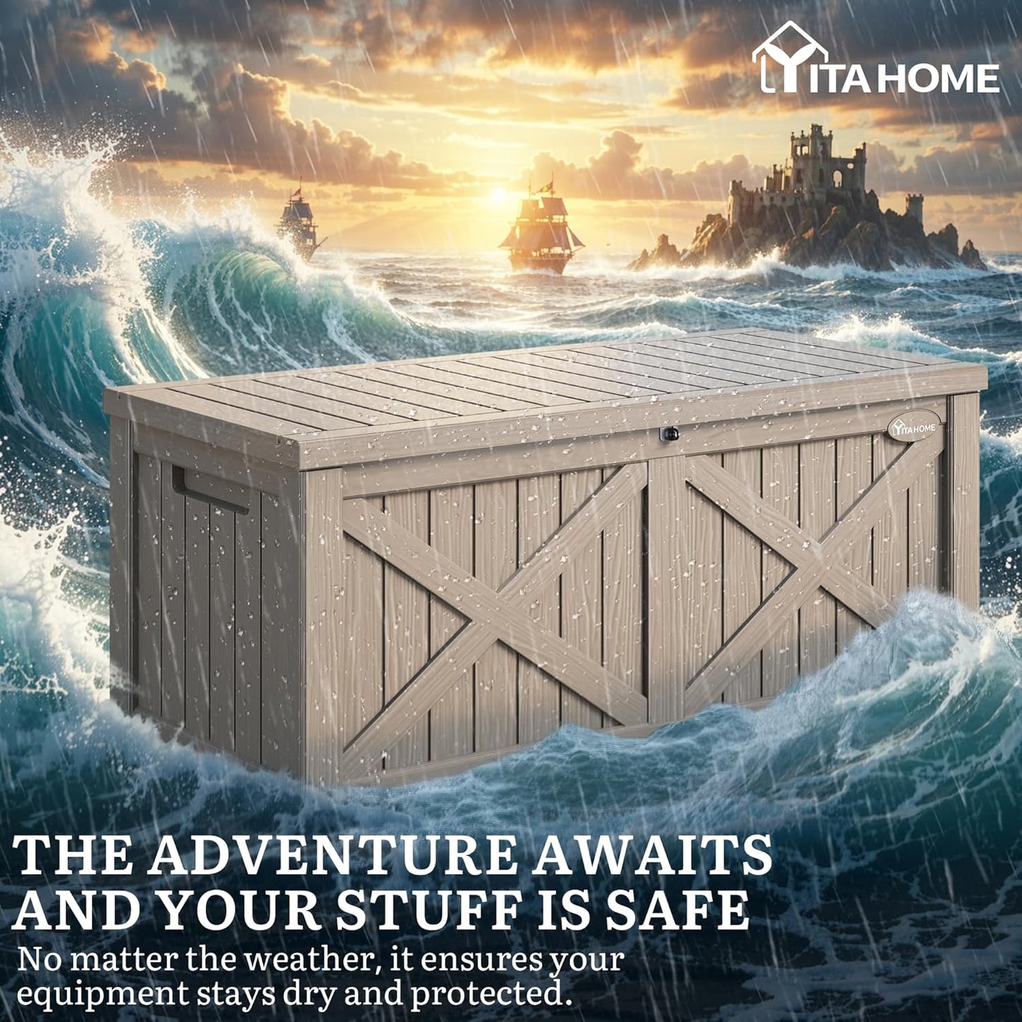YITAHOME 150 Gallon Outdoor Storage Box - Waterproof Resin Deck Bench for Patio & Garden - Taupe