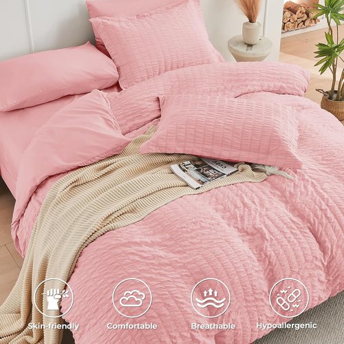 HYMOKEGE King Size Comforter Set - Luxury Rose Pink Seersucker 7-Piece Bedding Set with Sheets & Pillowcases