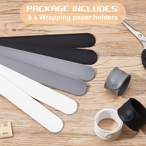 Cunhill Wrapping Paper Holder Clips - 9 Silicone Covered Metal Slap Bands for Gift Wrapping | White, Black, Grey