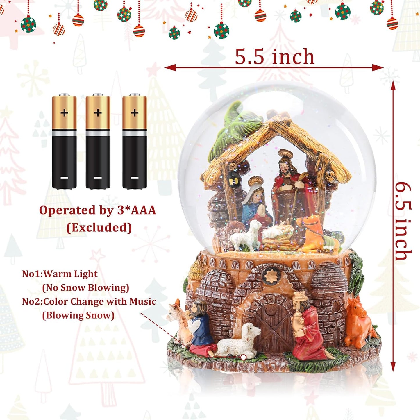 Taman Christmas Nativity Snow Globe - Musical Glittering Snowflakes & Lighted Tabletop Décor