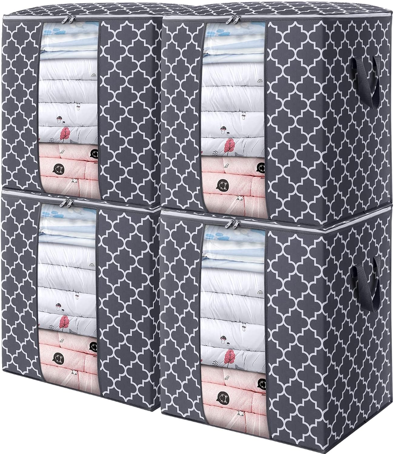 WISELIFE Storage Bags - 100L Large Blanket & Clothes Organizer | Foldable, Clear Window, Gray, 4 Pack