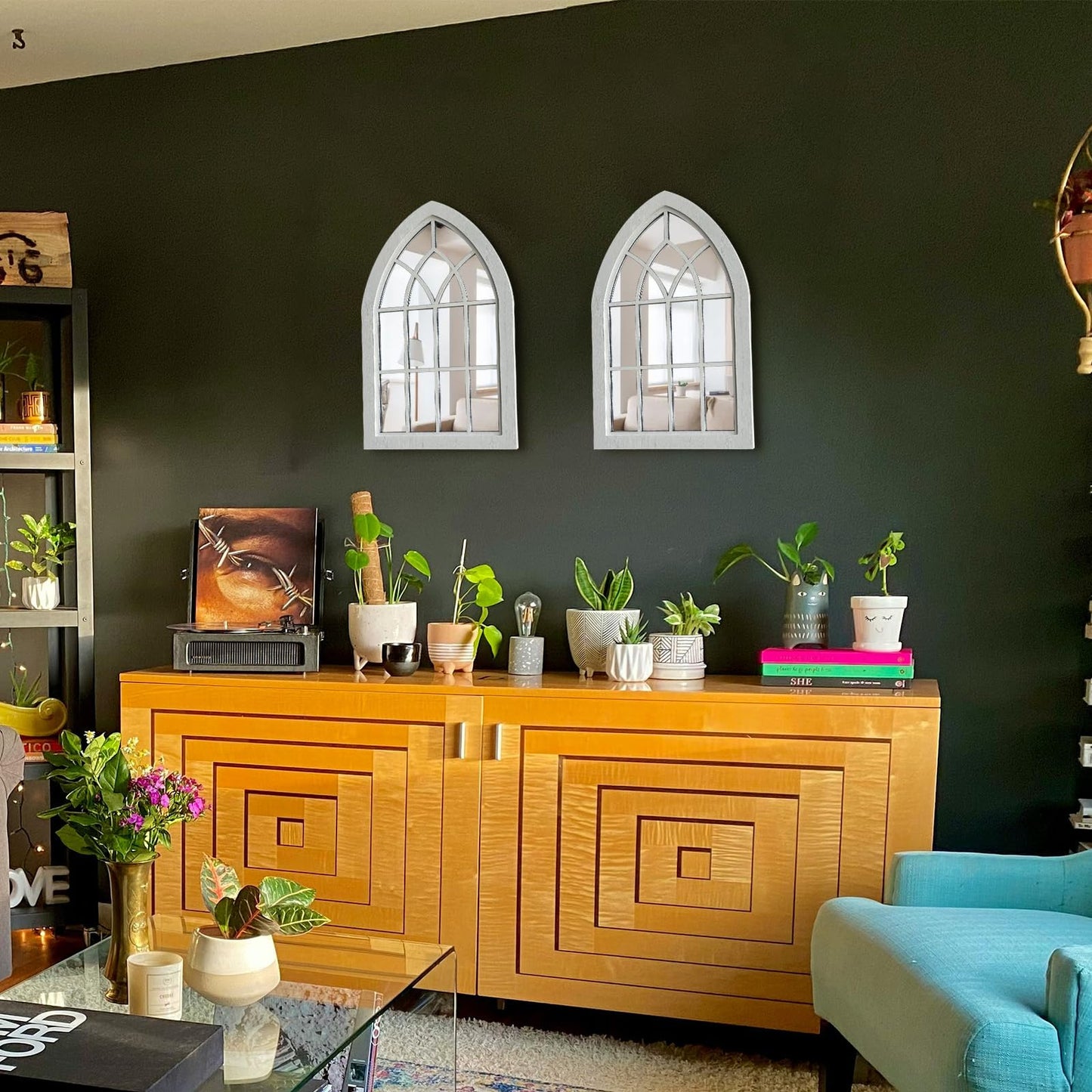 ZEXUIRU 2PCS Arched Window Wall Mirror,Rustic Farmhouse Accent Mirror, Wood Framed Entry Mirror for Living Room,Bathroom,Bedroom,Kitchen,15.5 * 9.8 Inch