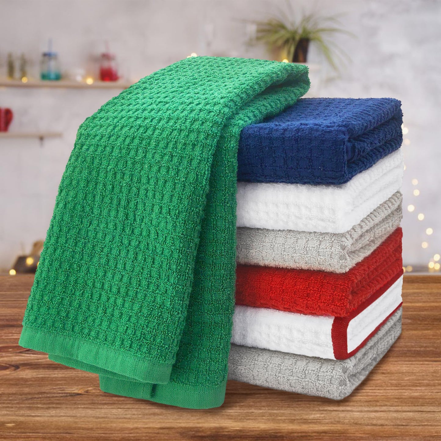 VOOVA & MOVAS White Dish Towels, Waffle Weave Kitchen Hand Towels 6PC - 100% Cotton | Soft | Absorb | Daily Use, Dish Towels for Kitchen，White Check with Yellow Stripe