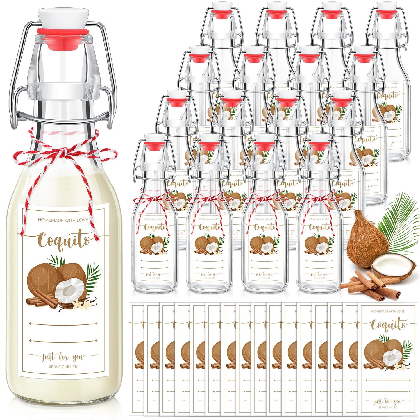 Havawish 16 Pcs Merry Christmas 8 oz Coquito Swing Top Glass Bottles with Airtight Cap Lids Labels Clear Flip Top Bottles with Stoppers for Homemade Christmas Home Brewing Beer Beverages(Coconut)