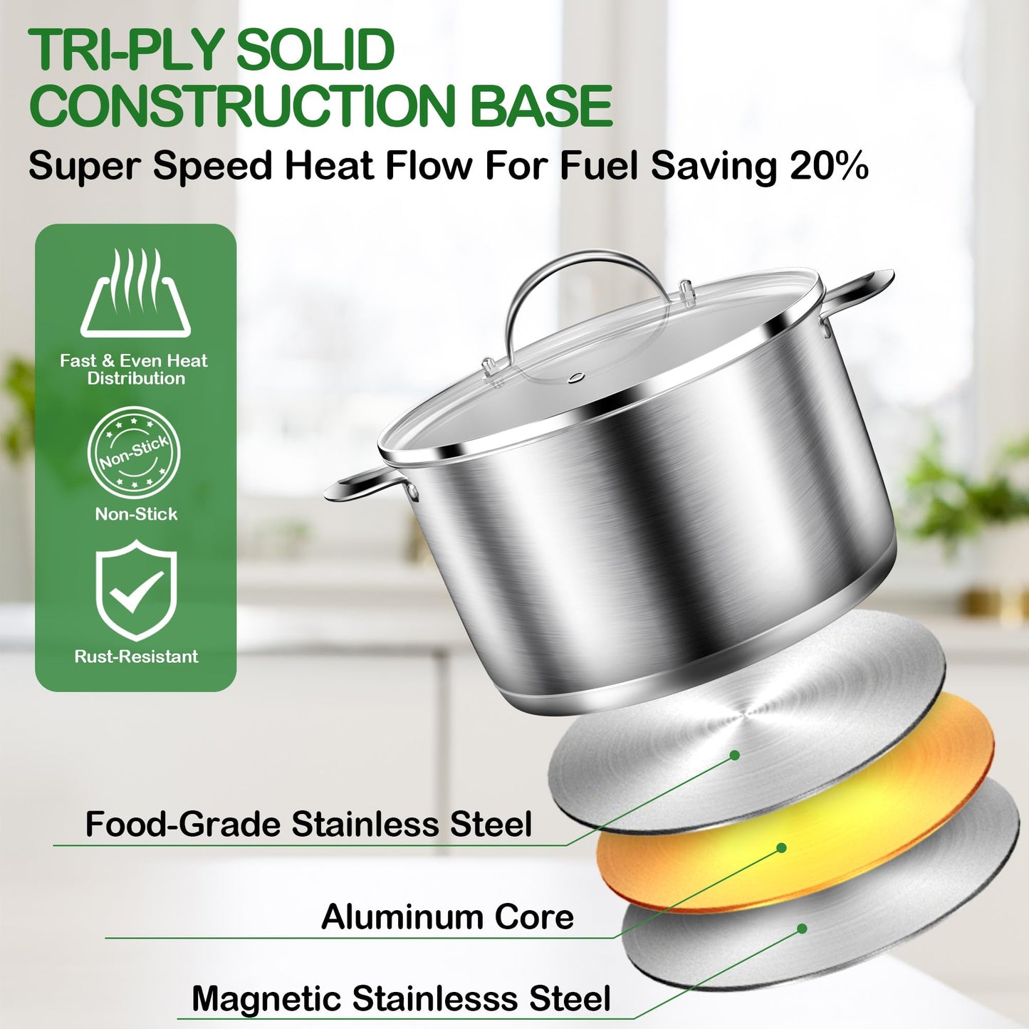 STOCKPOT Cooking Pot, Stainless Steel Stock Pot with Glass Lid, 6 Quart Soup Pot, Induction Compatible, Dishwasher Safe