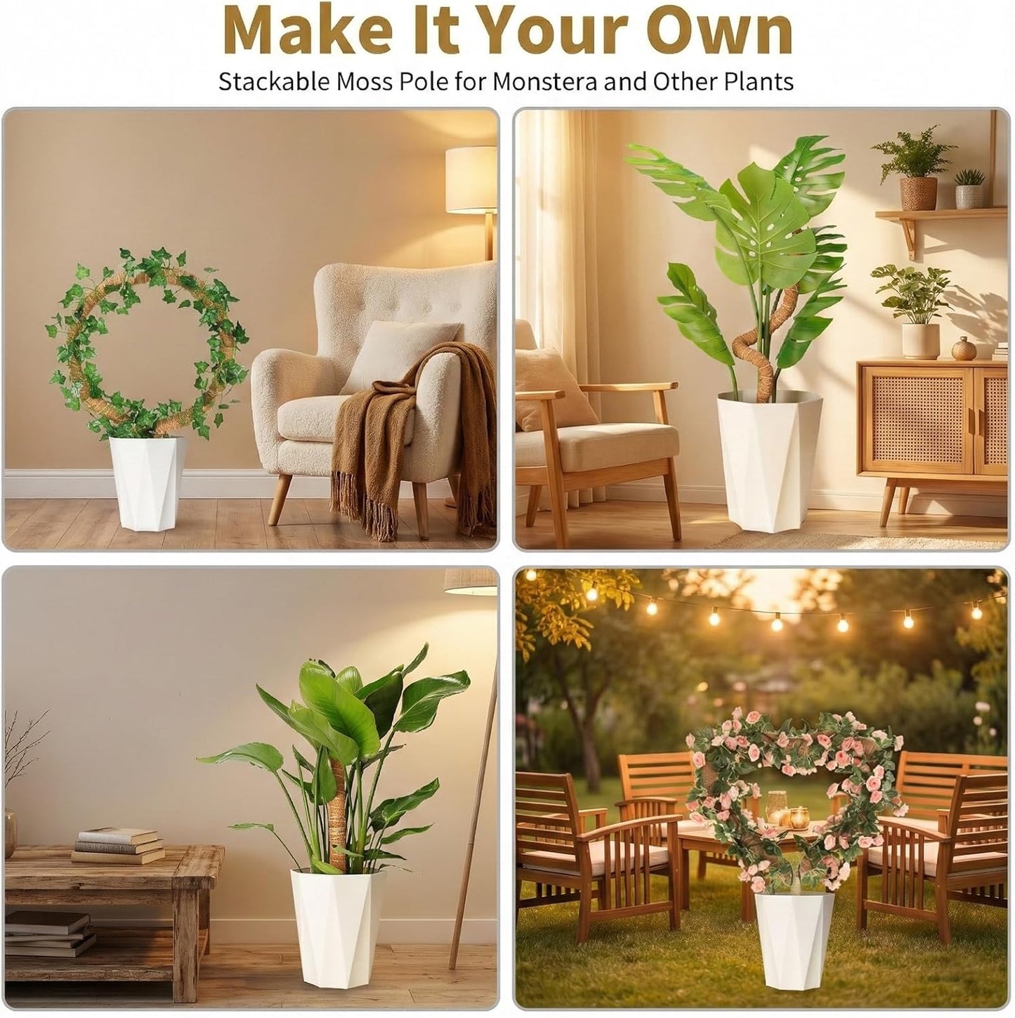 Skiennix Moss Pole Monstera Plant Support - Two 28" Bendable & Two 12" Stackable Coir Poles | Indoor Trellis Accessories