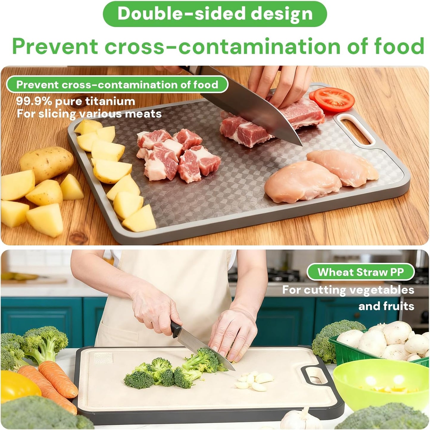 Titanium Cutting Boards - Non-Toxic Double-Sided Food-Grade Kitchen Board | Easy-Clean Large 15.1”x10.4”