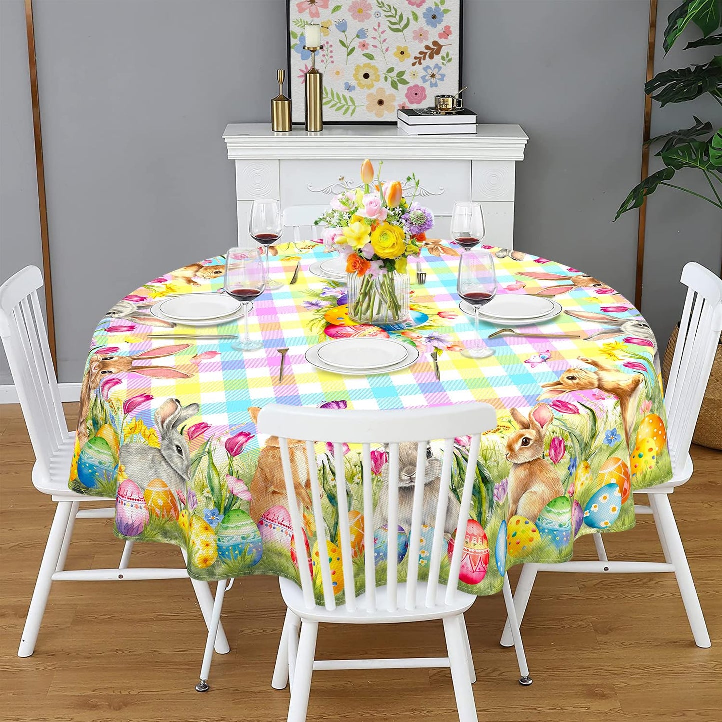 Kuyuayee Easter Bunny Round Tablecloth 60x60 Inch Waterproof Rabbit Eggs Tablecloths Washable Table Cloth for Spring Easter Party Picnic Dinner Home Decor