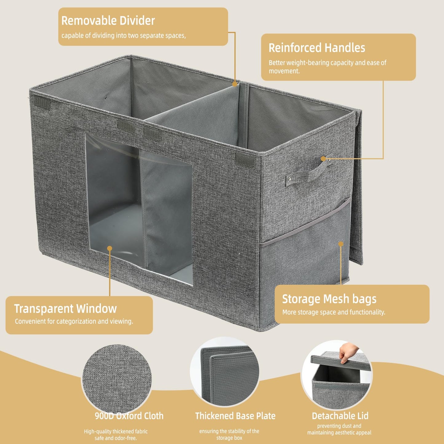 NETANY Clear Window Toy Box & Toy Chest with Lid - Large Toy Storage Organizer, CollapsibleToy Bin with Mesh Pockets for Boys, Girls, Playroom,Living Room Area Organization 25"x13" x16" (Linen Gray)
