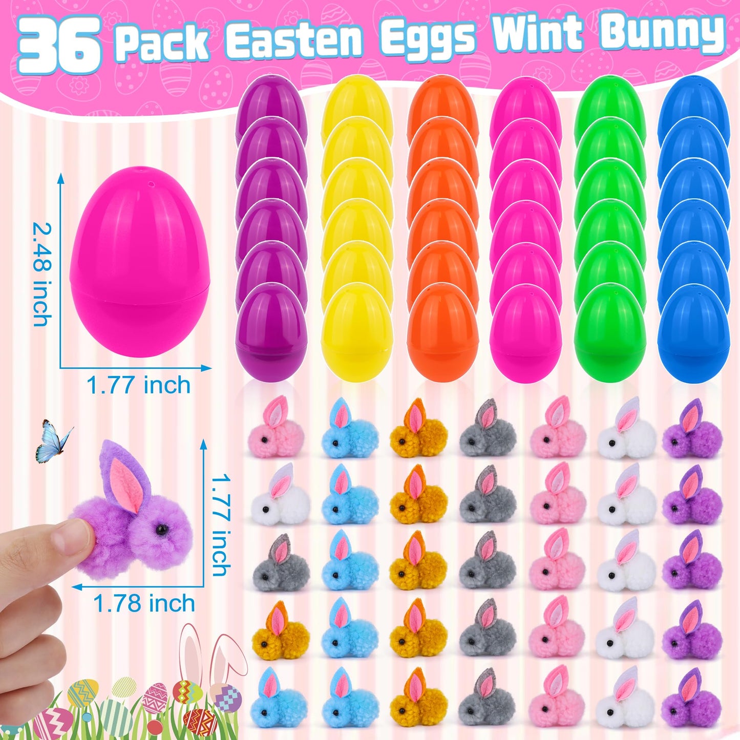 36 Pack Easter Egg Fillers with Easter Bunny Plush Easter Eggs with Toys Inside, Mini Easter Stuffed Animals Easter Eggs Hunts Party Favors Easter Basket Stuffers for Kids Toddler Teens Boys Girls