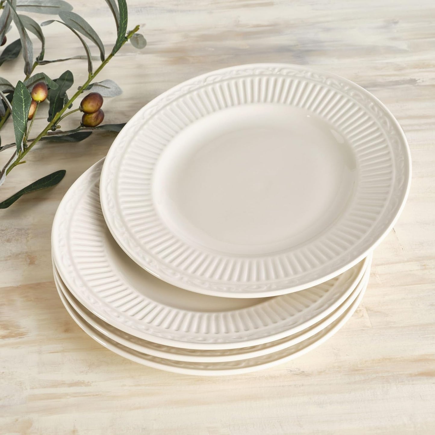 Mikasa Italian Countryside Salad Plates - Set of 4 Classic Embossed White Porcelain, 8.25 Inch, Microwave & Dishwasher Safe